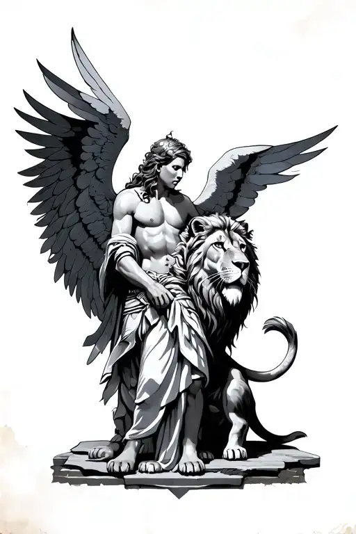 divine, suffering, warrior angel,coloured,with lion tattoo design idea