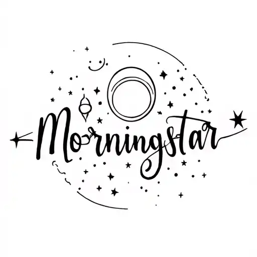 a written "Morningstar" in calligraphy with a design on the edges of a stars, Venus planet and sun in small only.  tattoo design idea