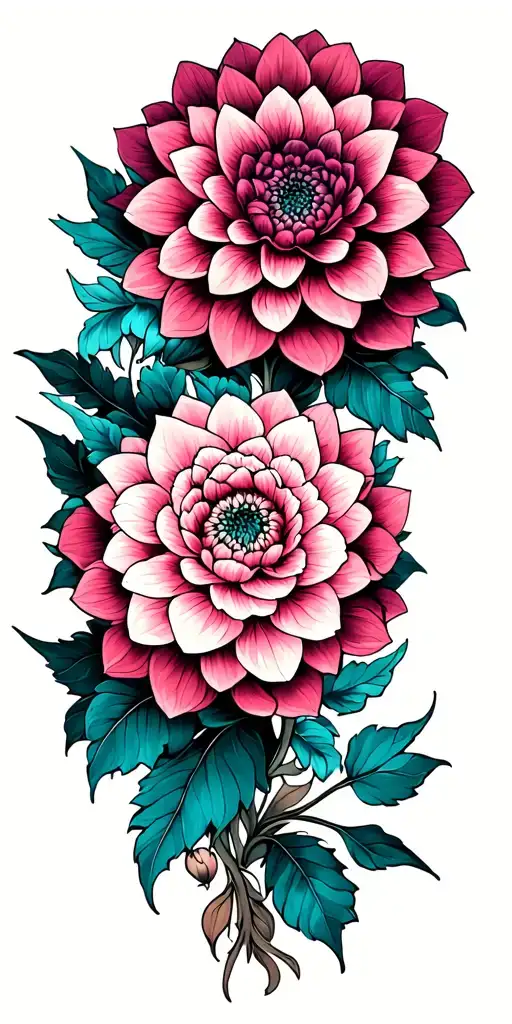 dahlia and peony tattoo with a mandala incorporating teal  tattoo design idea