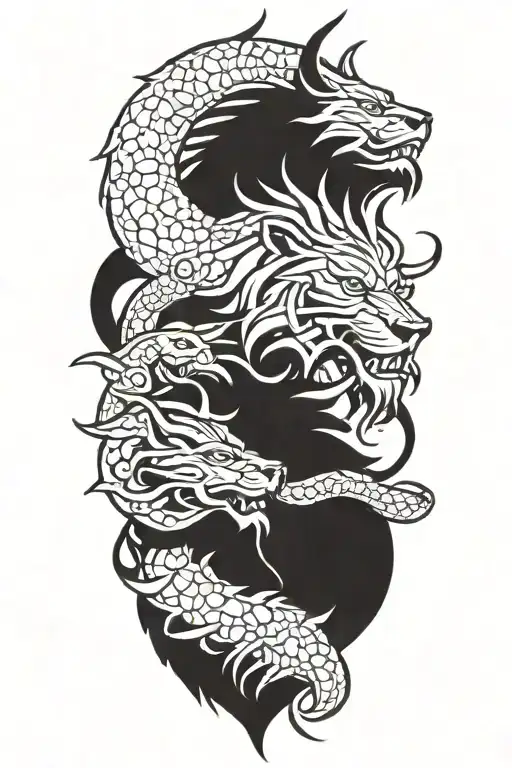 crowned lion and dragon intertwined tattoo design idea
