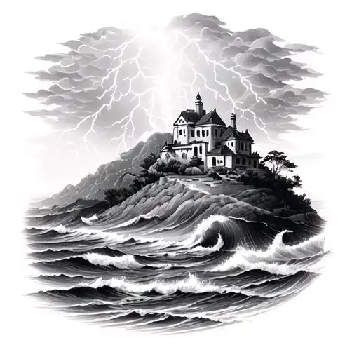 Ocean storm with lightning and Spanish villa on a hilltop tattoo design idea