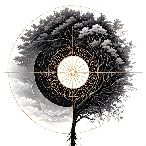 tree and golden ratio spiral tattoo design idea