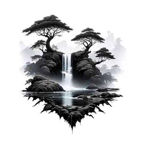 black and grey reality waterfall scene hidden in a rainforest with multiple water levels tattoo design idea