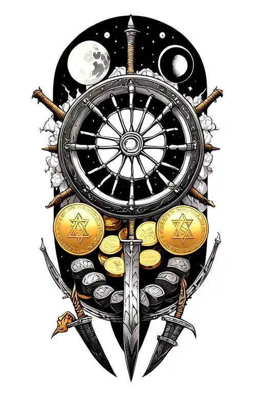 main focus on a wagon wheel and surrounding elements of gold coins, moon phases, dagger and Star of David  tattoo design idea