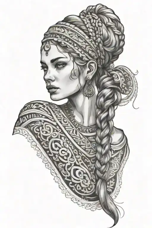 girl, in traditional Russian dress, with a braid on her head, face clearly visible, full length tattoo design idea