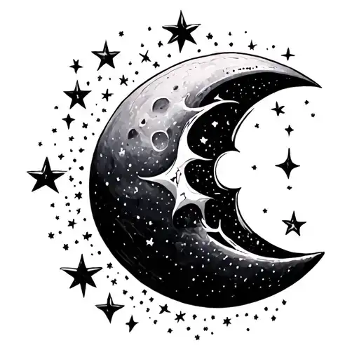 fine line crescent moon and stars tattoo design idea