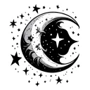 fine line crescent moon and stars tattoo design idea