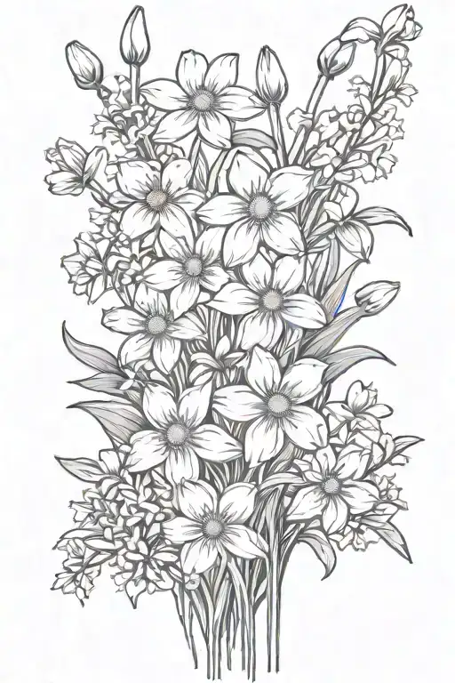 daisies and daffodils with cherry blossoms, snow drops, violets, greenery stems bouquet  tattoo design idea