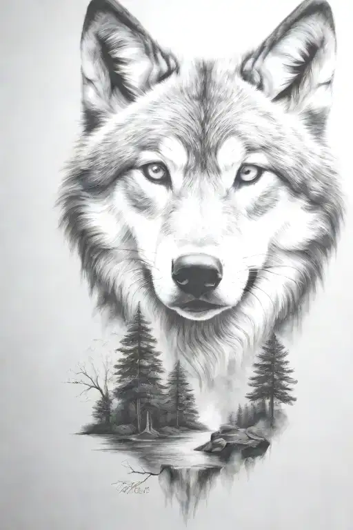 wolf cub, moon, forest, river, adult wolf, smoke rising tattoo design idea