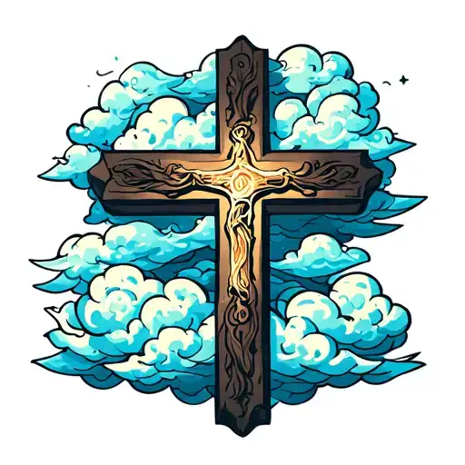 cross, clouds bible verse and shading. partially coloured  tattoo design idea