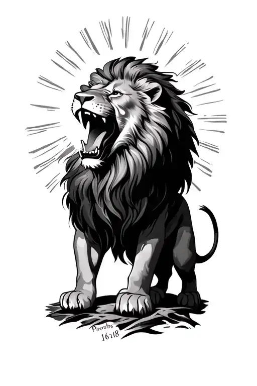 lion roaring with sun rising in the background with Proverbs 16:18 tattoo design idea