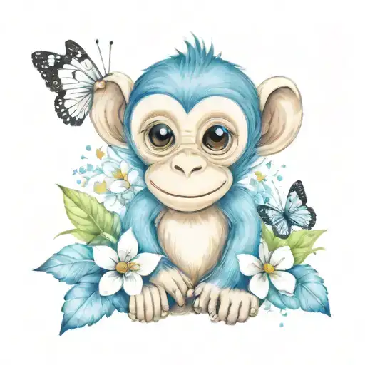 cute cartoon style monkey and white butterflies surrounding tattoo design idea