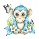 cute cartoon style monkey and white butterflies surrounding tattoo design idea