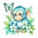 cute cartoon style monkey and white butterflies surrounding tattoo design idea