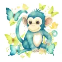 cute cartoon style monkey and white butterflies surrounding tattoo design idea