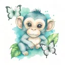 cute cartoon style monkey and white butterflies surrounding tattoo design idea