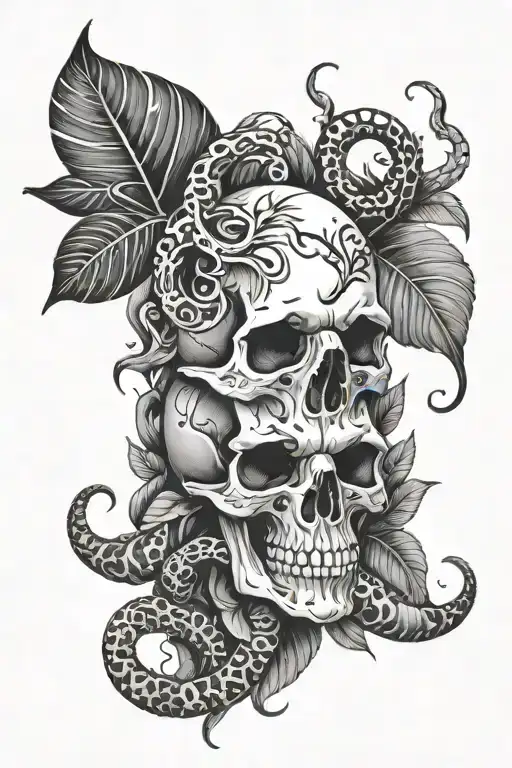 skull snakes and jungle leafs tattoo design idea