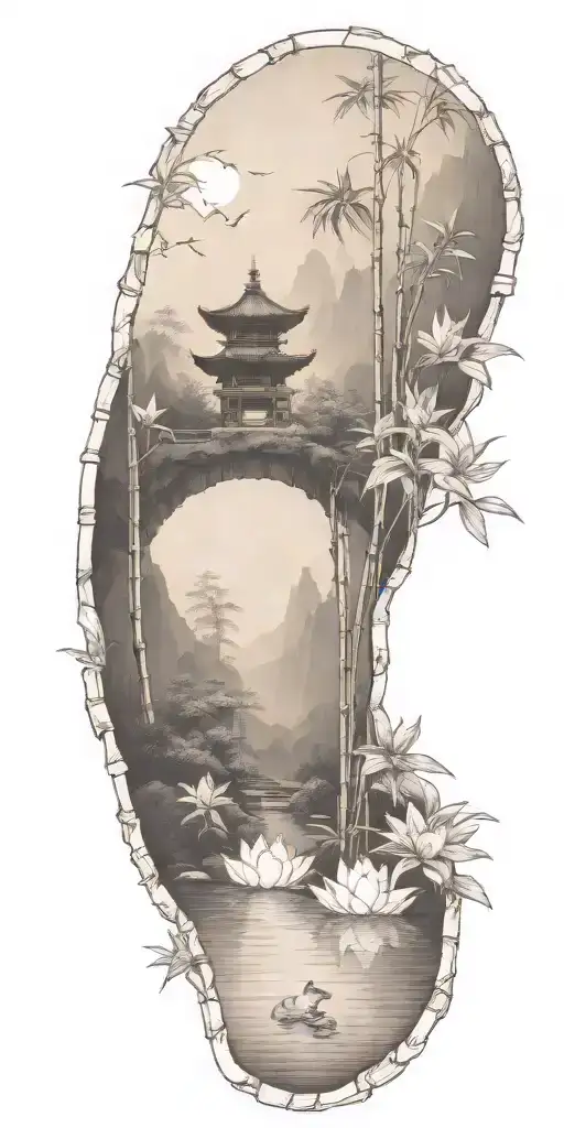 buddhist inpired tattoo focusing on scenary of nature, bamboo, water, and with lotus, koi fish, and small budda tattoo design idea
