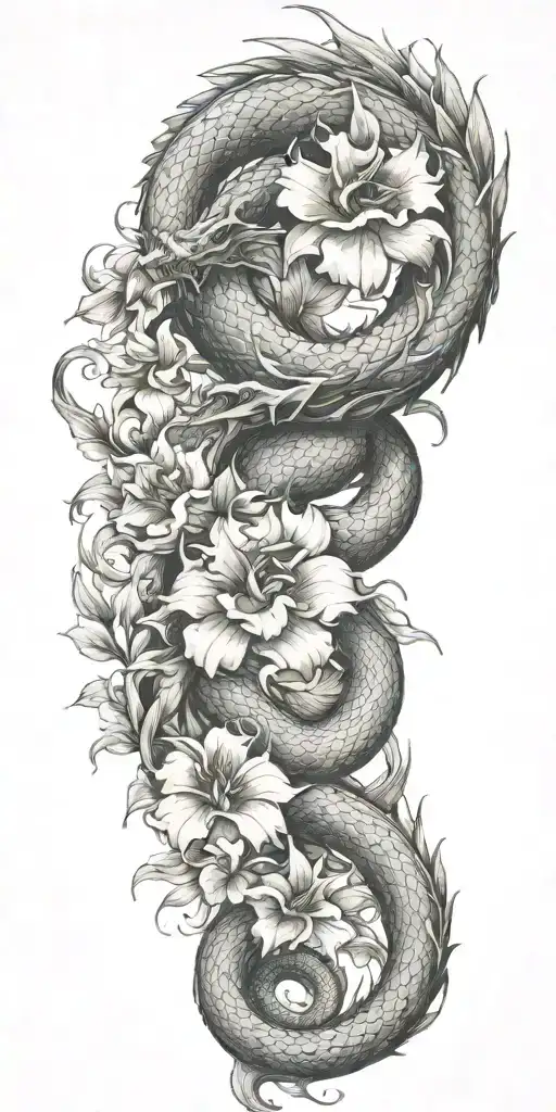 dragon coil hawaii flowers tattoo design idea