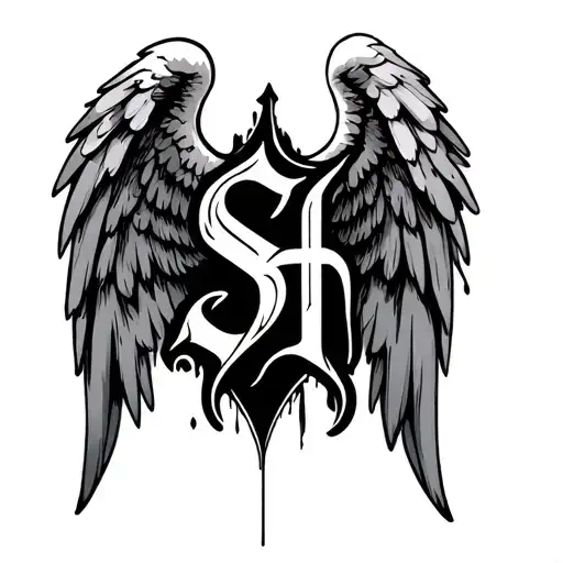 the letters S, and H in high gothic text surrounded by a pair of wounded angel wings tattoo design idea