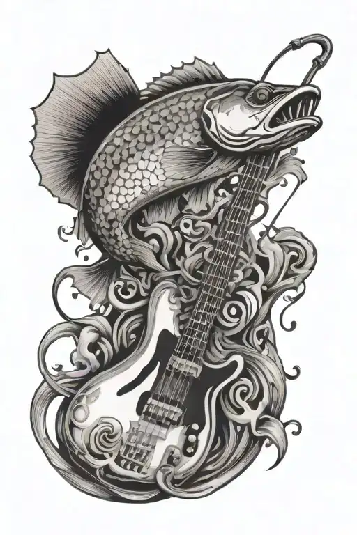bass guitar with fish hook intertwined tattoo design idea