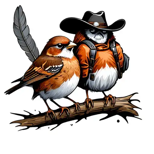 A sparrow who is a traveller and wearing backpack and a cowboy with 3 feathers on cowboy hat. Sitting on a cute little b tattoo design idea