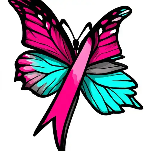 can you make a thyroid cancer ribbon tattoo with a butterfly. (the colors are pink, teal, and blue). Minimalist tattoo design idea