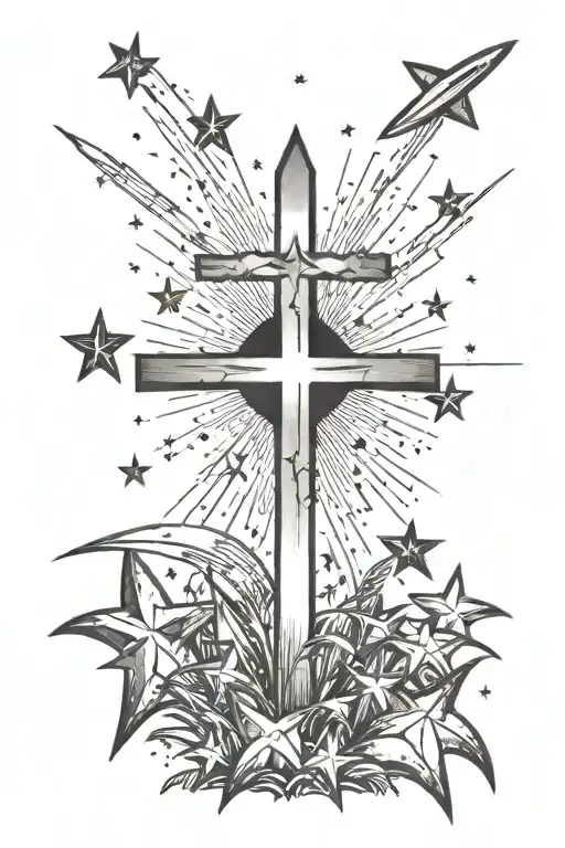 6 shooting stars and 1 falling star in the sky over a plain field with a singular cross tattoo design idea