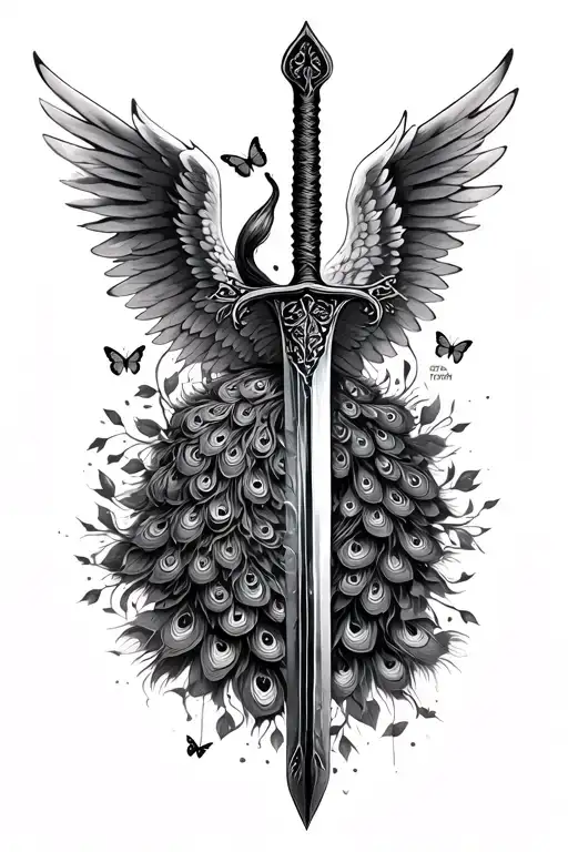 angel and dark angel wings butterfly and peacock four wings sword of truth down middle back tattoo design idea