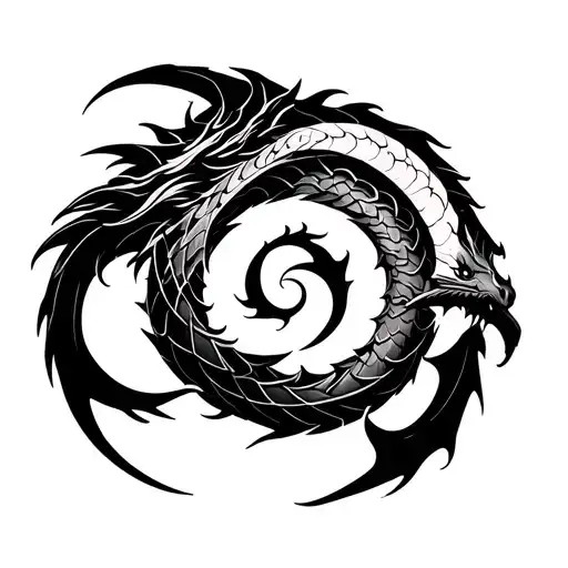 Neck tattoo design, blackwork style. A dragon transforming into an ouroboros symbol. Its scales are like armor plates. T tattoo design idea