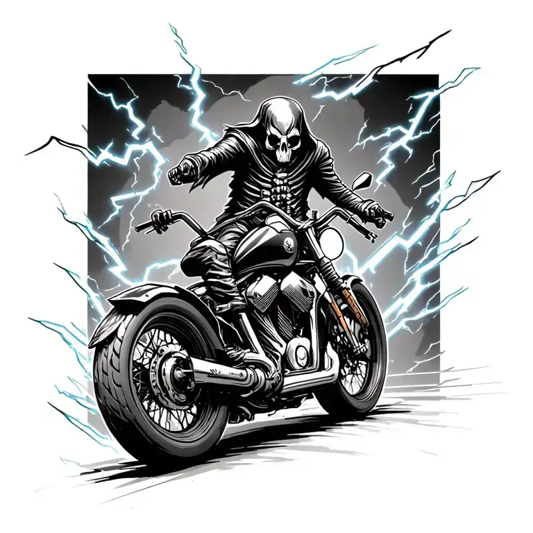 A reaper riding a motorcycle made of lightning bolts, combining the themes of death and speed tattoo design idea