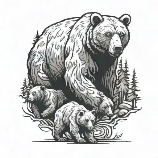 A lead bear leading pack of bears in a forest representing grandkids tattoo design idea