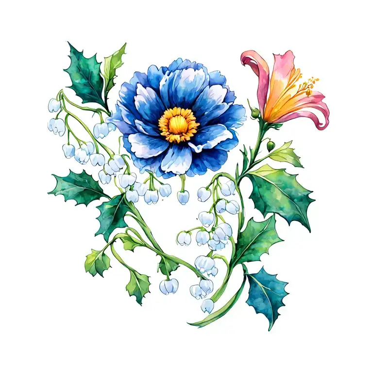 elongated flower swag tattoo featuring daisy, lily of the valley, peony, poppy, and holly tattoo design idea