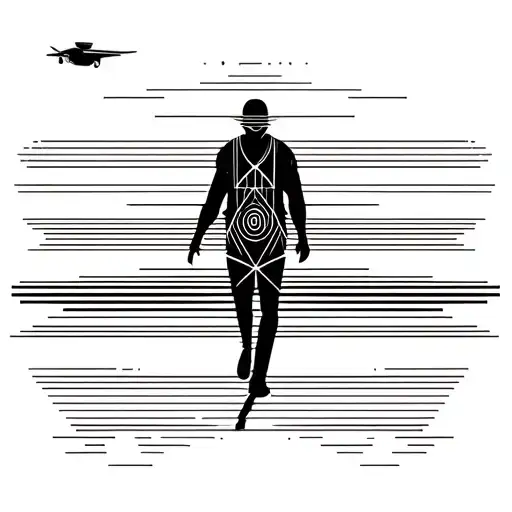 Blackwork chest piece, walking figure on horizon line, travel arcs, small plane, barcode elements. tattoo design idea