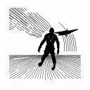 Blackwork chest piece, walking figure on horizon line, travel arcs, small plane, barcode elements. tattoo design idea