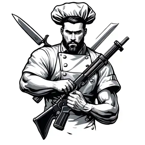 chef holding an ak47 knives tattoo design idea