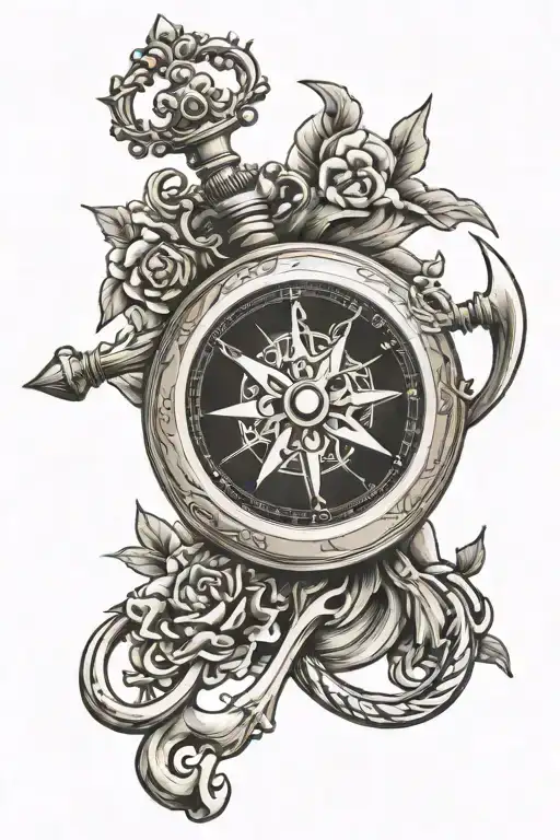 compass anchor Pocket watch tattoo design idea