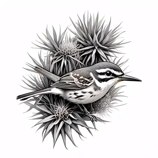 cactus wren, creosote bush, ocotillo, yucca  intertwined add more plants make the bird flying  tattoo design idea