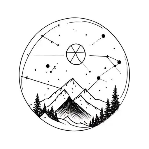 trees, mountains, northern lights, constellation Taurus. Gemini and Virgo symbols. polar star above tattoo design idea