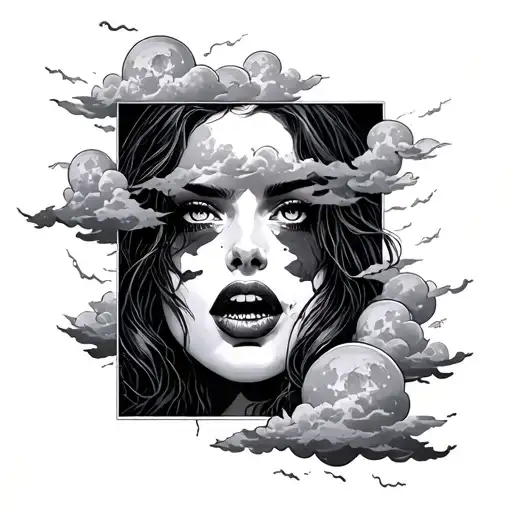 Rip through skin clouds to full moon woman snarl lips tattoo design idea