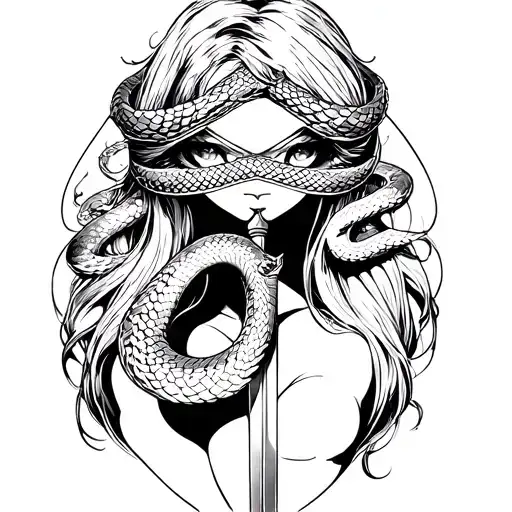 snake, scale, sword, blindfold covering her eyes tattoo design idea