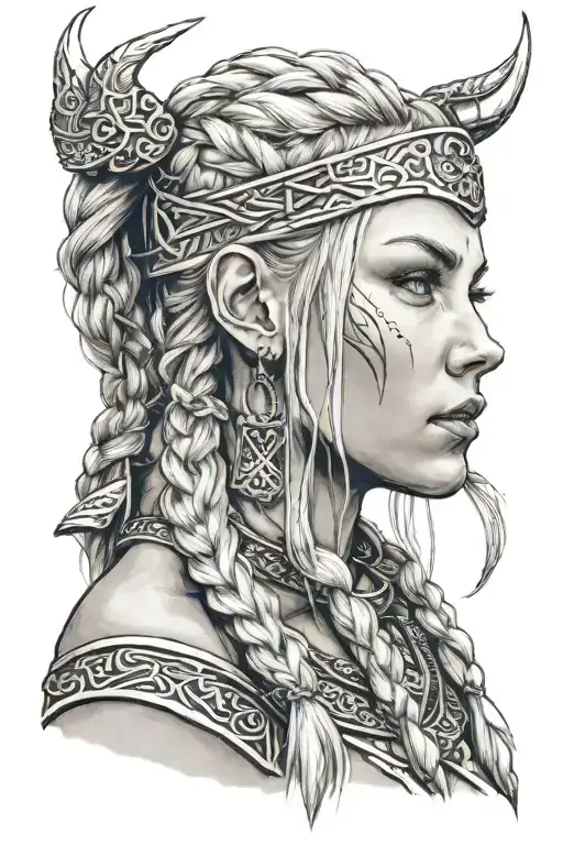 blonde viking woman face profil braids, big shoulders tattoo design idea