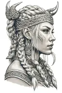 blonde viking woman face profil braids, big shoulders tattoo design idea