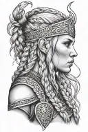 blonde viking woman face profil braids, big shoulders tattoo design idea
