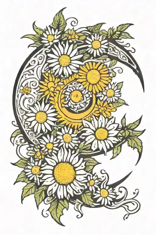 white daisys making a crescent moon tattoo design idea