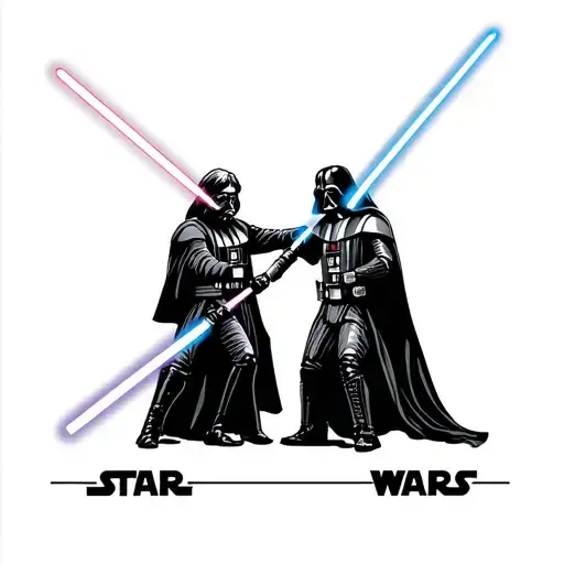 A neotraditional tattoo of a lightsaber duel between Luke Skywalker and Darth Vader, with the Star Wars logo prominently displayed tattoo design idea