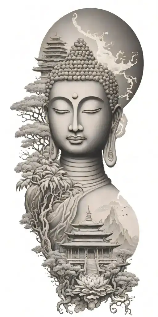 spiritual buddhist tattoo featuring a traditional scenary and nature including spiritual elements and budda. no frame tattoo design idea