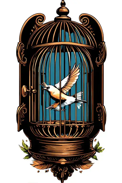 antique birdcage with door open bird flying out leaving behind feathers tattoo design idea