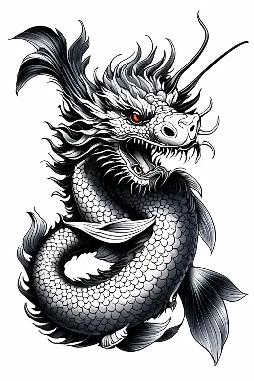 japanese dragon meets koi fish fine line realism forearm tattoo blackwork tattoo design idea