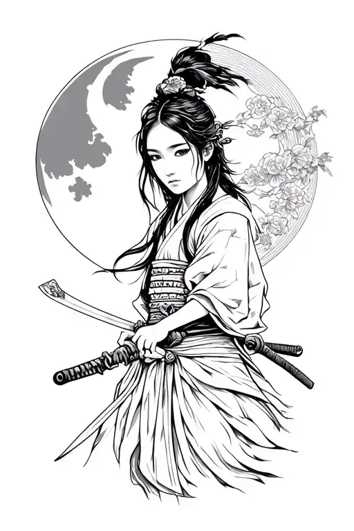 Beautiful girl Samurai with a sword and moon tattoo design idea